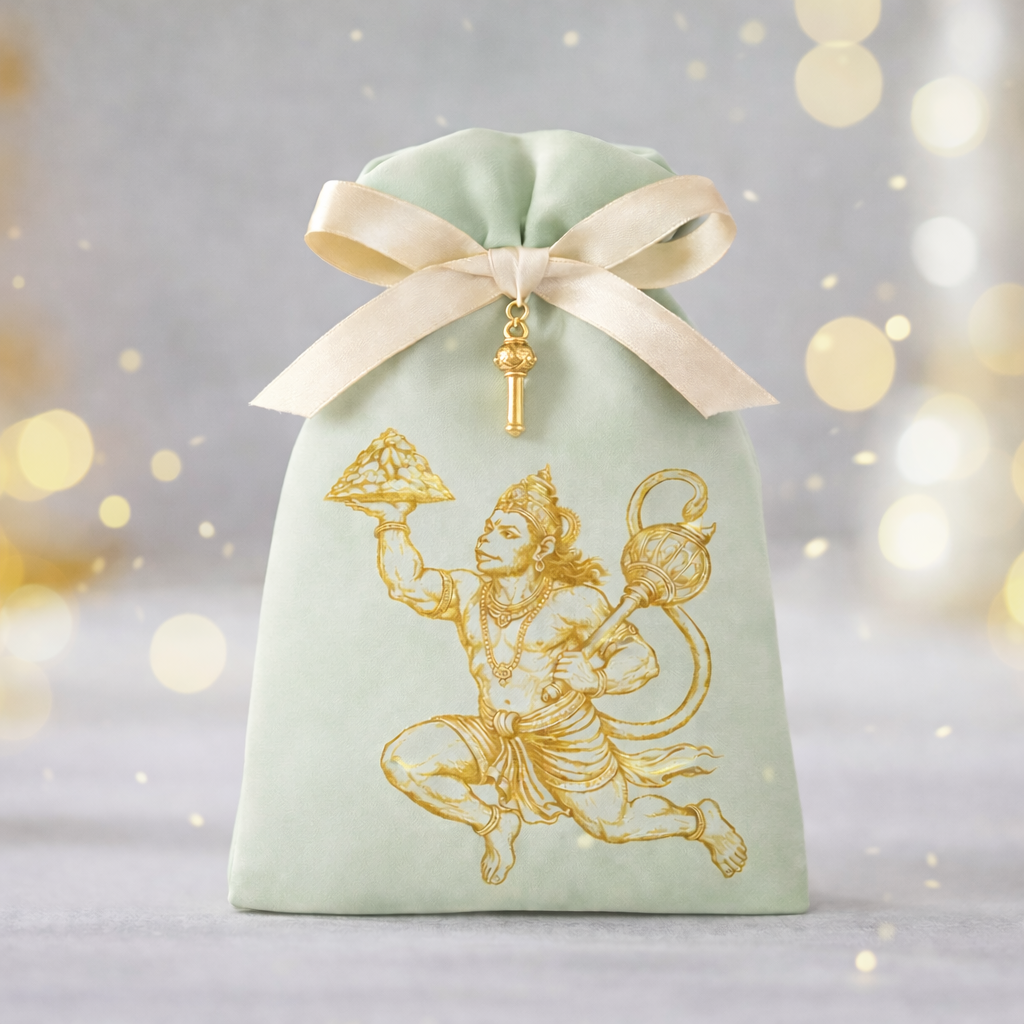 Luxe mintgroene potli bag met gouden Hanuman borduurwerk — handgemaakte bruidszakje van Vivaah.nl