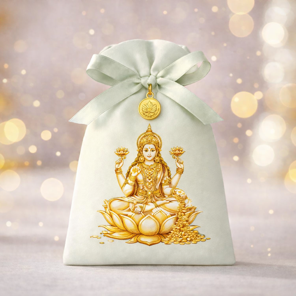 Luxe crème potli bag met gouden Lakshmi borduurwerk — handgemaakte bruidszakje van Vivaah.nl