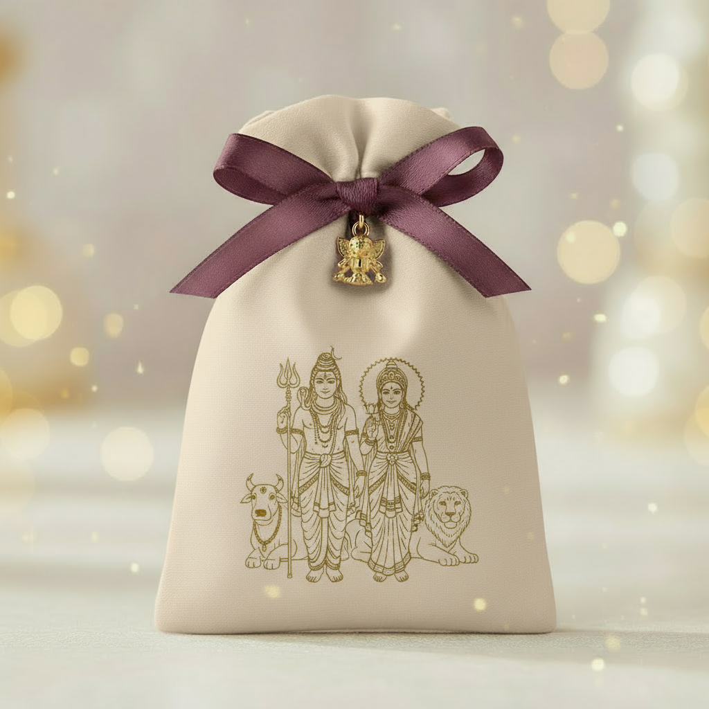 Luxe bruidszakje met Shiva & Parvati, gevuld met kleine attentie – betekenisvol huwelijkscadeau voor gasten